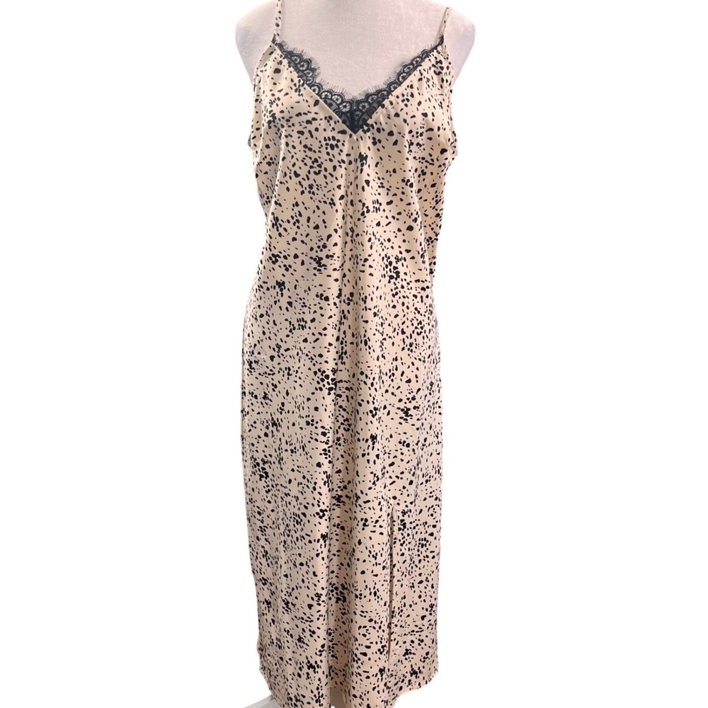 ❤️NWOT Wild Fable Tan Black Dalmatian Print Lace Trim Midi Slip Dress Size L